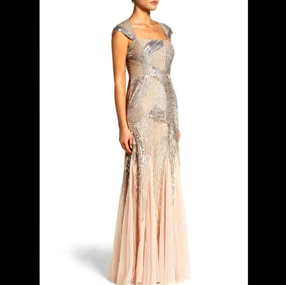 Adrianna Papell Cap Sleeve Beaded Gown